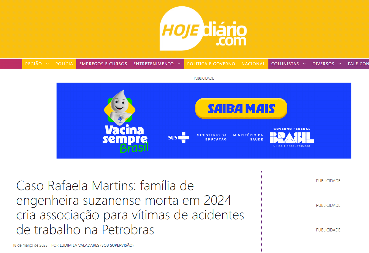 Caso Rafaela Martins família de engenheira suzanense morta em 2024 cria associação para vítimas de acidentes de trabalho na Petrobras